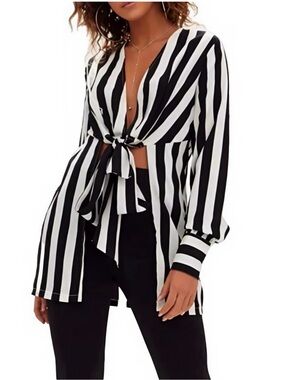 PrettyLittleThing | Monochrome Striped Tie Front Hi Lo Blouse